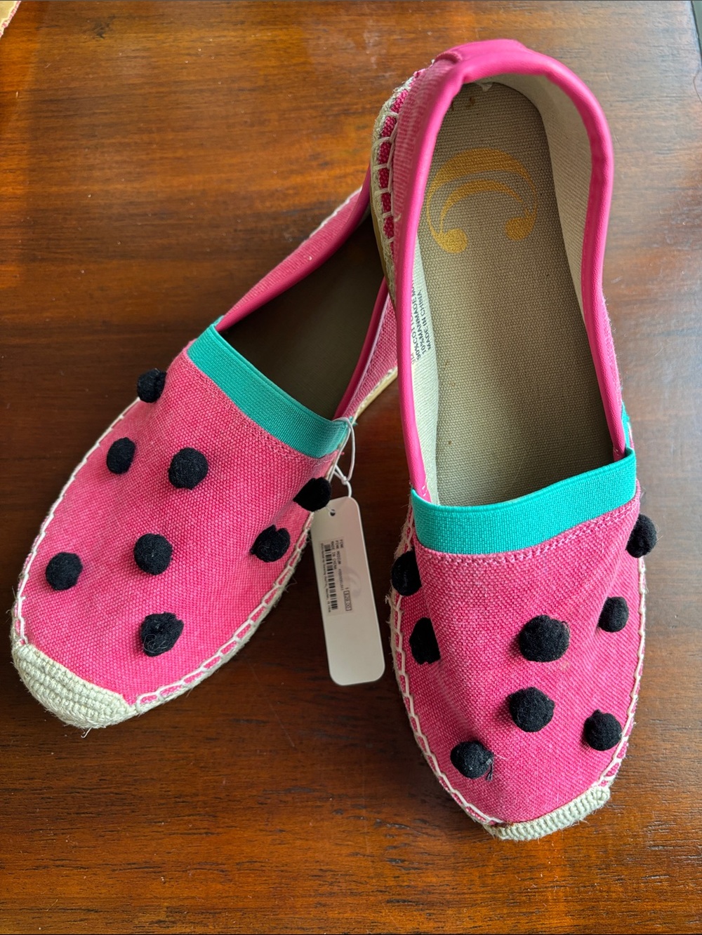 C. Wonder Pink Canvas Espadrilles with Black Pom-Poms and Teal Trim